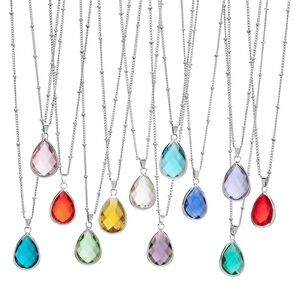 💖  Silvertone Teardrop Faceted Birthstone Pendant Necklace
